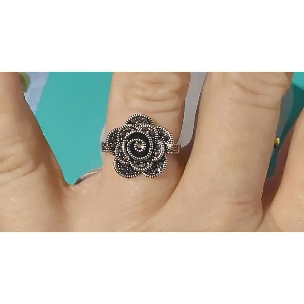 New~Sparkling Marcasite Gemstone Flower Design Ring Sz 8